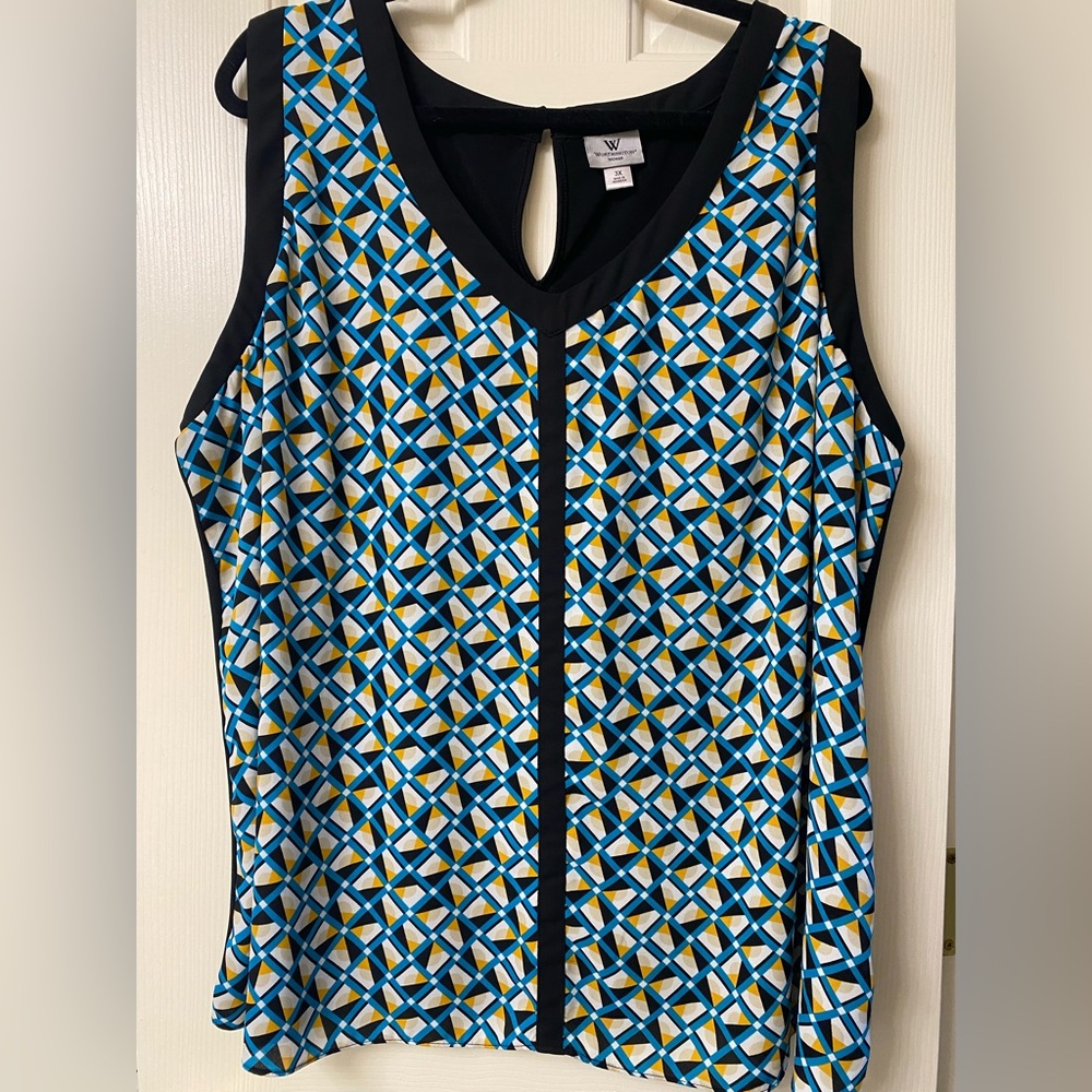 Worthington Woman Blue and Yellow Geometric Sleeveless Top Size 3X